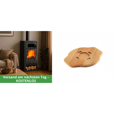 Set Kaminofen, Holzofen mit Backfach Balkan Energy, Modell Troy, Leistung 7.8kW + Holz untersetzer für gusseisenplatte Solagio HSYSAK20 - Kaminofen - Holzofen mit Backfach