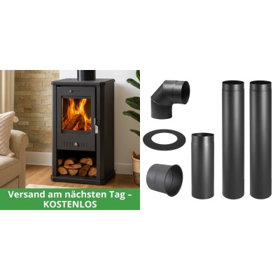Set Kaminofen, Holzofen Balkan Energy, Modell Bianca, Leistung 8.5kW + Schornstein Bausatz PARKANEX, Stahl Ø150, Dicke 2mm - Holzofen