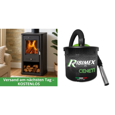 Set Kaminofen, Holzofen Balkan Energy, Modell Bianca, Leistung 8.5kW + Elektrischer Aschesauger Ribimex, Modell Cenetì, Fassungsvermögen 15 L - Holzofen
