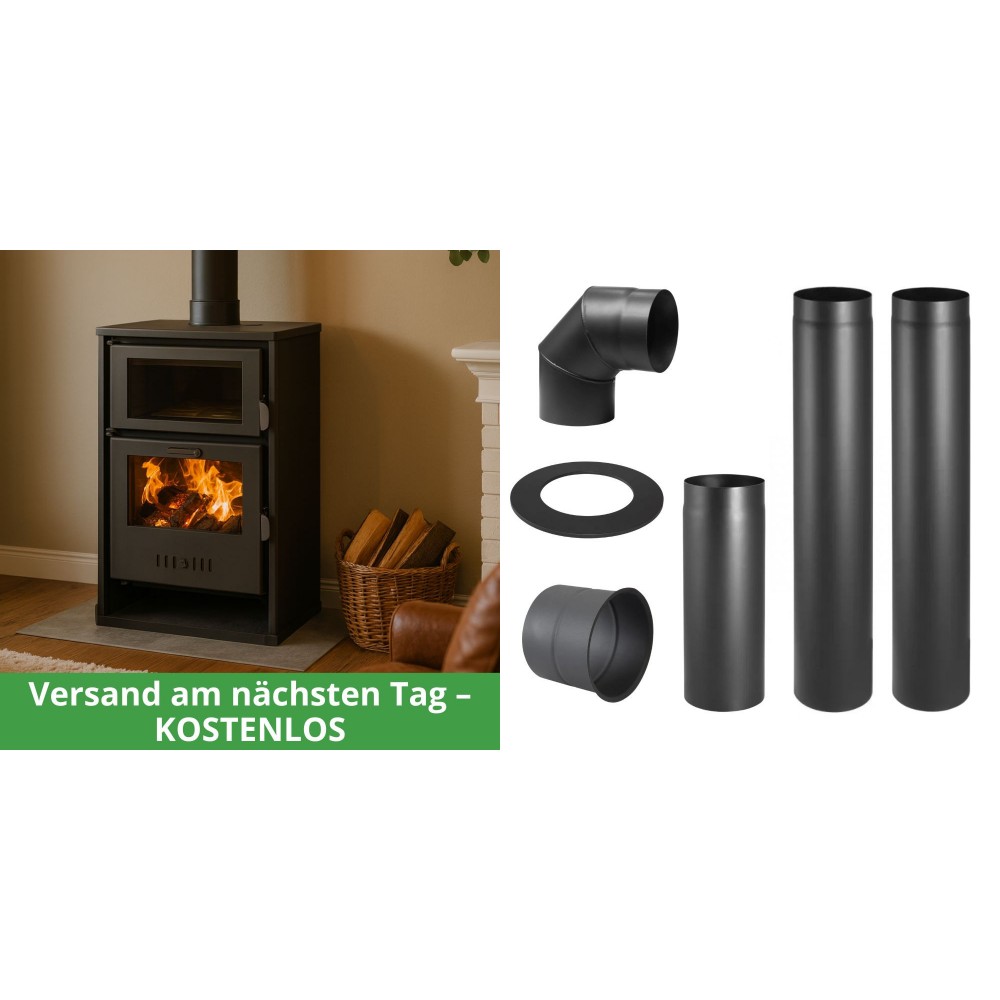 Set Kaminofen, Holzofen Wasserführend mit Backfach Balkan Energy, Modell Suzana, 11.6kW - 17.5kW + Schornstein Bausatz PARKANEX, Stahl Ø150, Dicke 2mm | Wasserführender Kaminofen | Kaminofen |