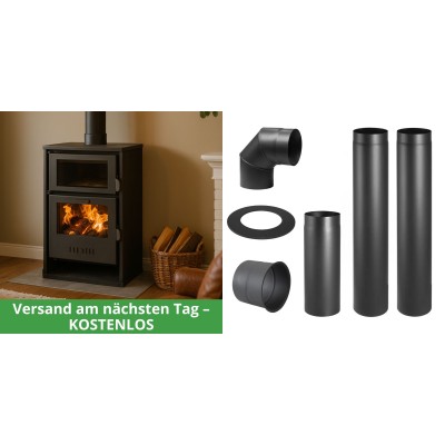 Set Kaminofen, Holzofen Wasserführend mit Backfach Balkan Energy, Modell Suzana, 11.6kW - 17.5kW + Schornstein Bausatz PARKANEX, Stahl Ø150, Dicke 2mm - Balkan Energy