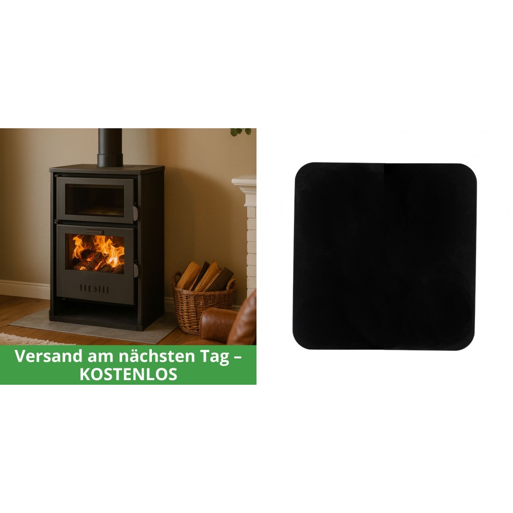 Set Kaminofen, Holzofen Wasserführend mit Backfach Balkan Energy, Modell Suzana, 11.6kW - 17.5kW + Funkenschutzplatte Stahl 2mm, Größe 98x98cm