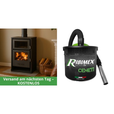 Set Kaminofen, Holzofen Wasserführend mit Backfach Balkan Energy, Modell Suzana, 11.6kW - 17.5kW + Elektrischer Aschesauger Ribimex, Modell Cenetì, Fassungsvermögen 15 L - Balkan Energy