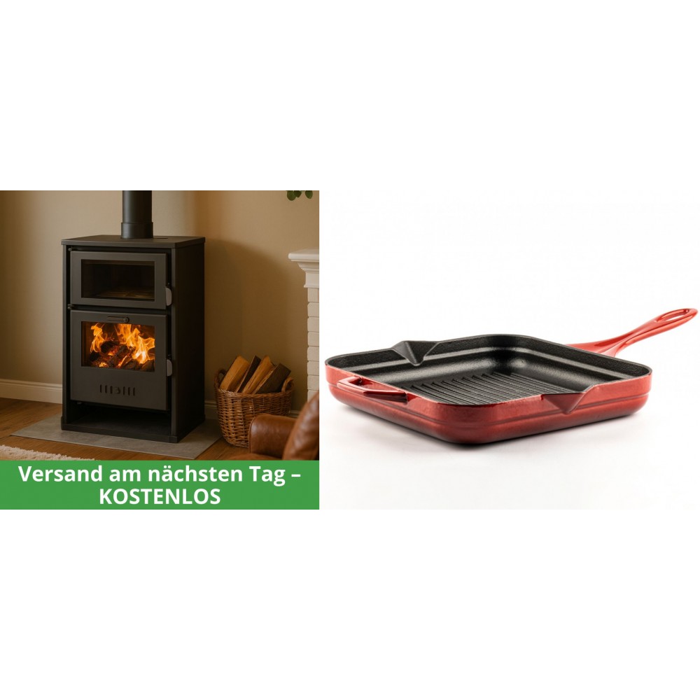 Set Kaminofen, Holzofen Wasserführend mit Backfach Balkan Energy, Modell Suzana, 11.6kW - 17.5kW + Emaillierte grillpfanne Gusseisen Solagio, Rubin, 28x28cm | Wasserführender Kaminofen | Kaminofen |