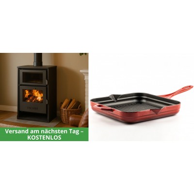 Set Kaminofen, Holzofen Wasserführend mit Backfach Balkan Energy, Modell Suzana, 11.6kW - 17.5kW + Emaillierte grillpfanne Gusseisen Solagio, Rubin, 28x28cm - Balkan Energy
