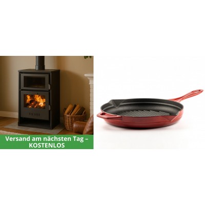 Set Kaminofen, Holzofen Wasserführend mit Backfach Balkan Energy, Modell Suzana, 11.6kW - 17.5kW + Emaillierte grillpfanne Gusseisen Solagio, Rubin, Ф28cm - Balkan Energy
