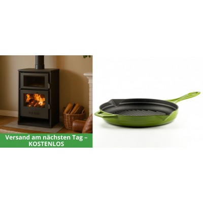 Set Kaminofen, Holzofen Wasserführend mit Backfach Balkan Energy, Modell Suzana, 11.6kW - 17.5kW + Emaillierte grillpfanne Gusseisen Solagio, Bamboo, Ф28cm - Balkan Energy