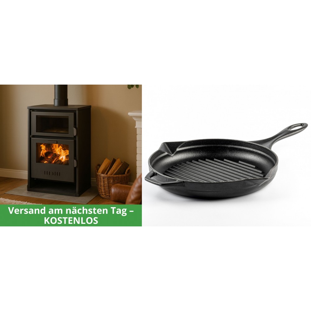Set Kaminofen, Holzofen Wasserführend mit Backfach Balkan Energy, Modell Suzana, 11.6kW - 17.5kW + Emaillierte grillpfanne Gusseisen Solagio, Black Onyx, Ф28cm | Wasserführender Kaminofen | Kaminofen |