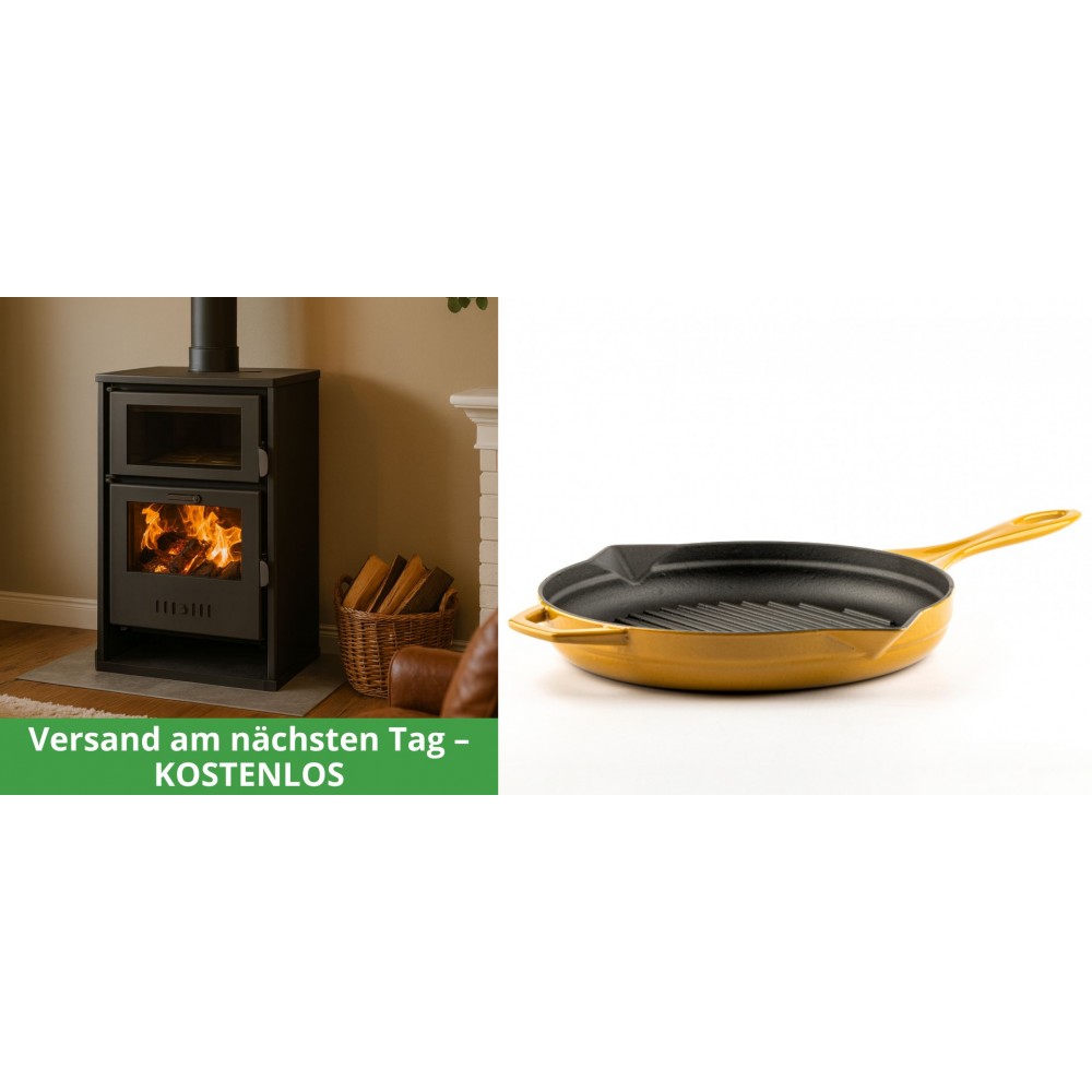 Set Kaminofen, Holzofen Wasserführend mit Backfach Balkan Energy, Modell Suzana, 11.6kW - 17.5kW + Emaillierte grillpfanne Gusseisen Solagio, Dijon, Ф28cm | Wasserführender Kaminofen | Kaminofen |
