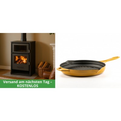 Set Kaminofen, Holzofen Wasserführend mit Backfach Balkan Energy, Modell Suzana, 11.6kW - 17.5kW + Emaillierte grillpfanne Gusseisen Solagio, Dijon, Ф28cm - Balkan Energy