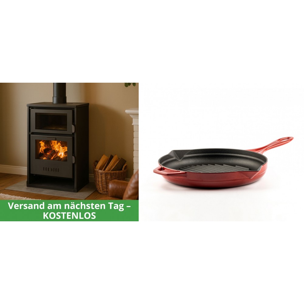 Set Kaminofen, Holzofen Wasserführend mit Backfach Balkan Energy, Modell Suzana, 11.6kW - 17.5kW + Emaillierte grillpfanne Gusseisen Solagio, Rubin, Ф24cm | Wasserführender Kaminofen | Kaminofen |
