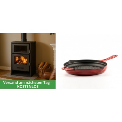 Set Kaminofen, Holzofen Wasserführend mit Backfach Balkan Energy, Modell Suzana, 11.6kW - 17.5kW + Emaillierte grillpfanne Gusseisen Solagio, Rubin, Ф24cm - Balkan Energy