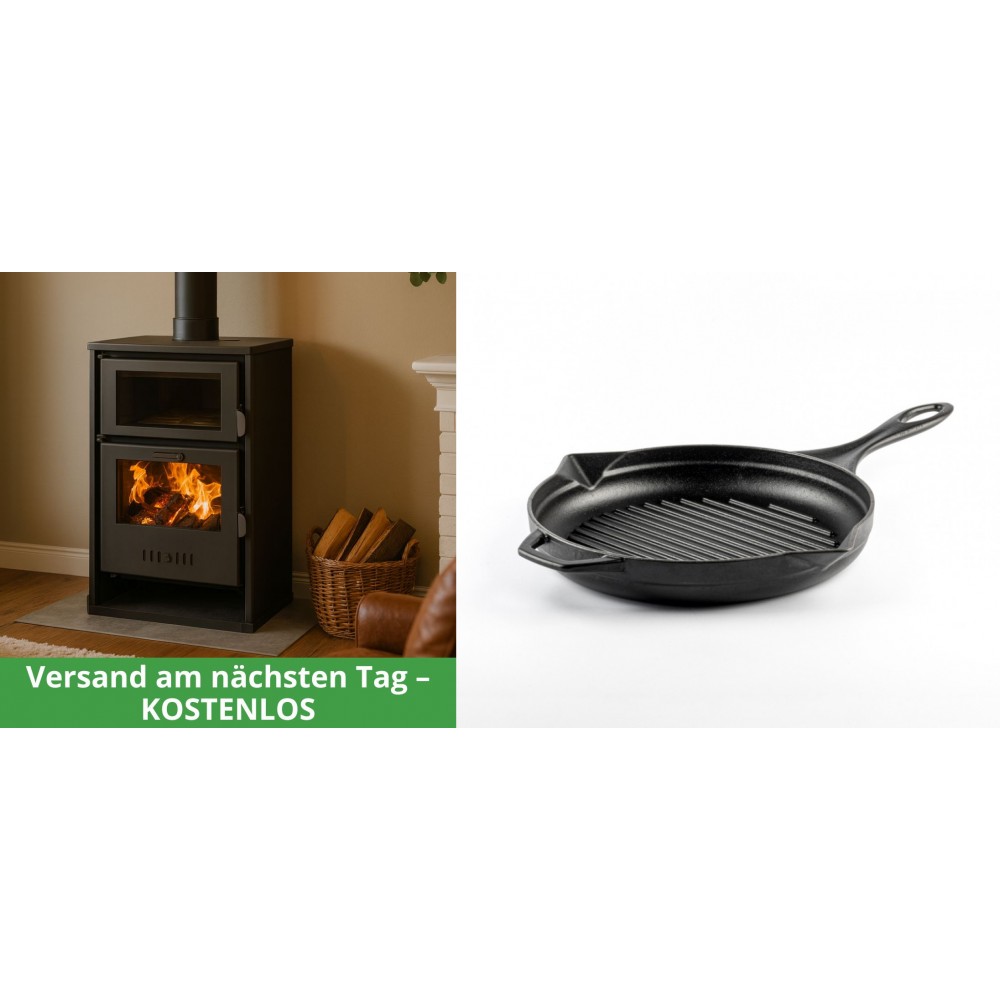 Set Kaminofen, Holzofen Wasserführend mit Backfach Balkan Energy, Modell Suzana, 11.6kW - 17.5kW + Emaillierte grillpfanne Gusseisen Solagio, Black Onyx, Ф24cm | Wasserführender Kaminofen | Kaminofen |