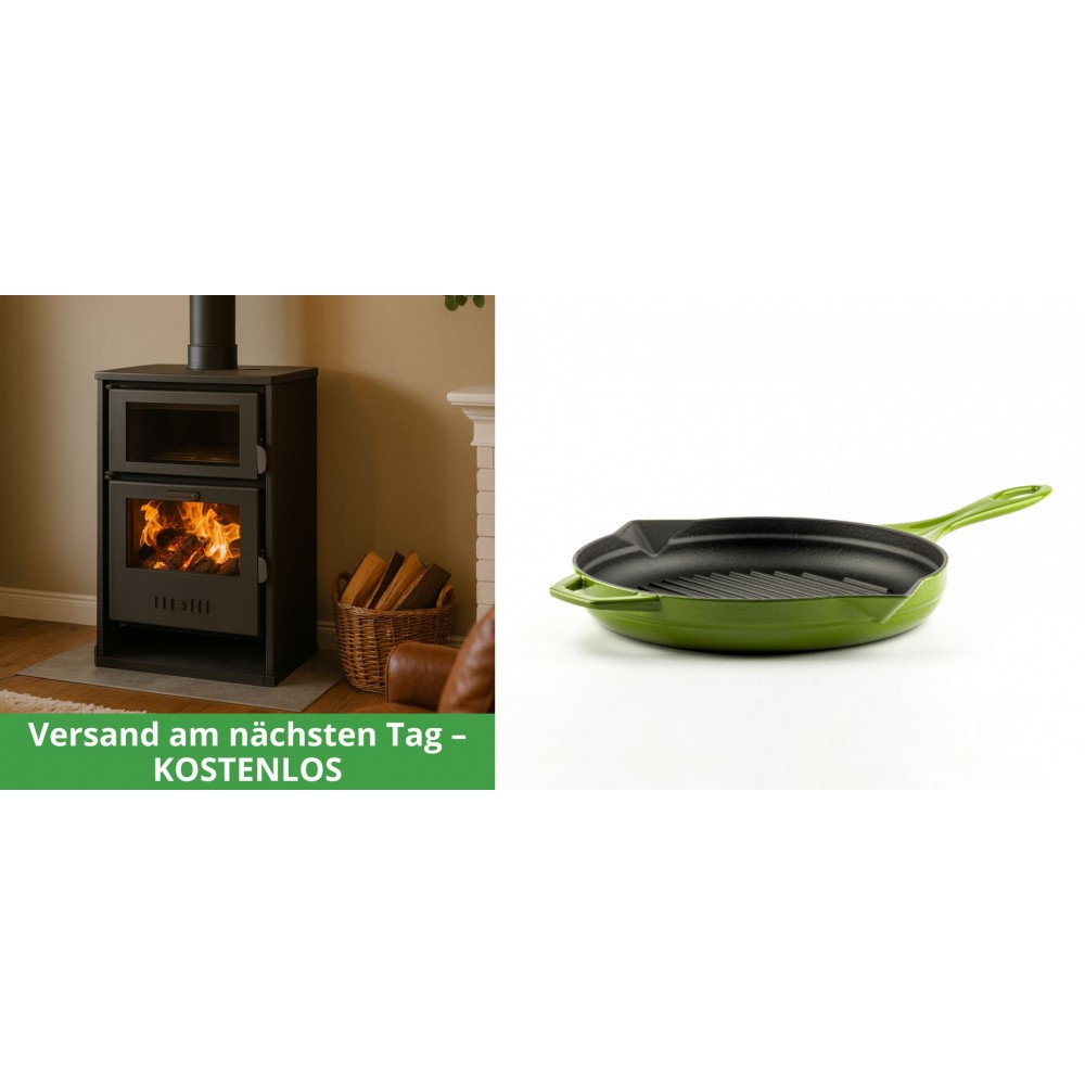 Set Kaminofen, Holzofen Wasserführend mit Backfach Balkan Energy, Modell Suzana, 11.6kW - 17.5kW + Emaillierte grillpfanne Gusseisen Solagio, Bamboo, Ф24cm