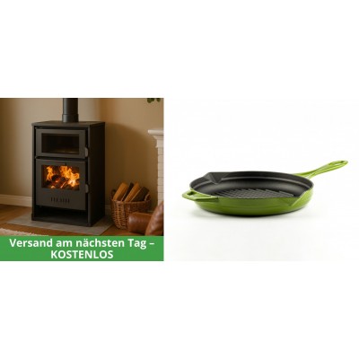 Set Kaminofen, Holzofen Wasserführend mit Backfach Balkan Energy, Modell Suzana, 11.6kW - 17.5kW + Emaillierte grillpfanne Gusseisen Solagio, Bamboo, Ф24cm - Balkan Energy