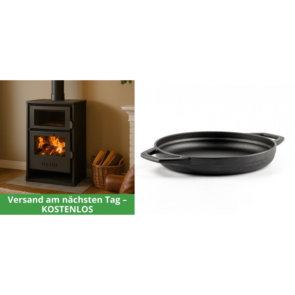 Set Kaminofen, Holzofen Wasserführend mit Backfach Balkan Energy, Modell Suzana, 11.6kW - 17.5kW + Emaillierte gusseisenpfanne mit zwei Griffen Solagio, Black Onyx, Ф22cm