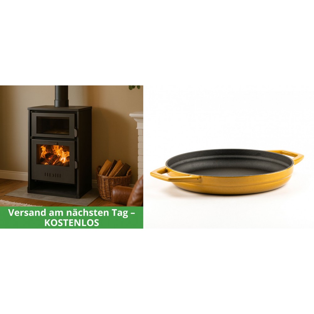 Set Kaminofen, Holzofen Wasserführend mit Backfach Balkan Energy, Modell Suzana, 11.6kW - 17.5kW + Emaillierte gusseisenpfanne mit zwei Griffen Solagio, Dijon, Ф22cm | Wasserführender Kaminofen | Kaminofen |