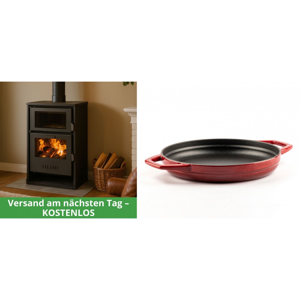 Set Kaminofen, Holzofen Wasserführend mit Backfach Balkan Energy, Modell Suzana, 11.6kW - 17.5kW + Emaillierte gusseisenpfanne mit zwei Griffen Solagio, Rubin, Ф22cm | Wasserführender Kaminofen | Kaminofen |