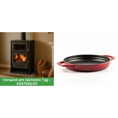 Set Kaminofen, Holzofen Wasserführend mit Backfach Balkan Energy, Modell Suzana, 11.6kW - 17.5kW + Emaillierte gusseisenpfanne mit zwei Griffen Solagio, Rubin, Ф22cm - Balkan Energy