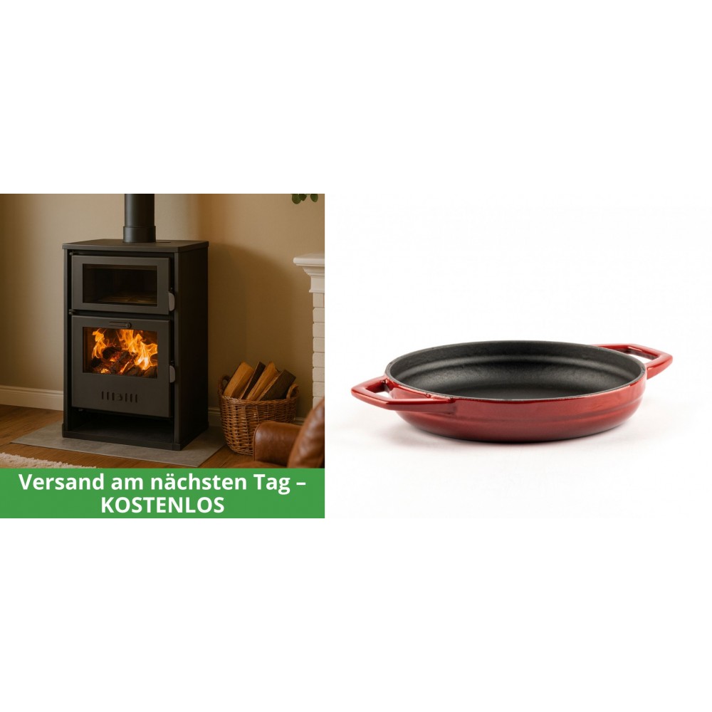Set Kaminofen, Holzofen Wasserführend mit Backfach Balkan Energy, Modell Suzana, 11.6kW - 17.5kW + Emaillierte gusseisenpfanne mit zwei Griffen Solagio, Rubin, Ф19cm