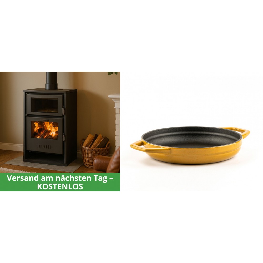 Set Kaminofen, Holzofen Wasserführend mit Backfach Balkan Energy, Modell Suzana, 11.6kW - 17.5kW + Emaillierte gusseisenpfanne mit zwei Griffen Solagio, Dijon, Ф19cm