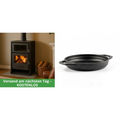 Set Kaminofen, Holzofen Wasserführend mit Backfach Balkan Energy, Modell Suzana, 11.6kW - 17.5kW + Emaillierte gusseisenpfanne mit zwei Griffen Solagio, Black Onyx, Ф19cm - Balkan Energy