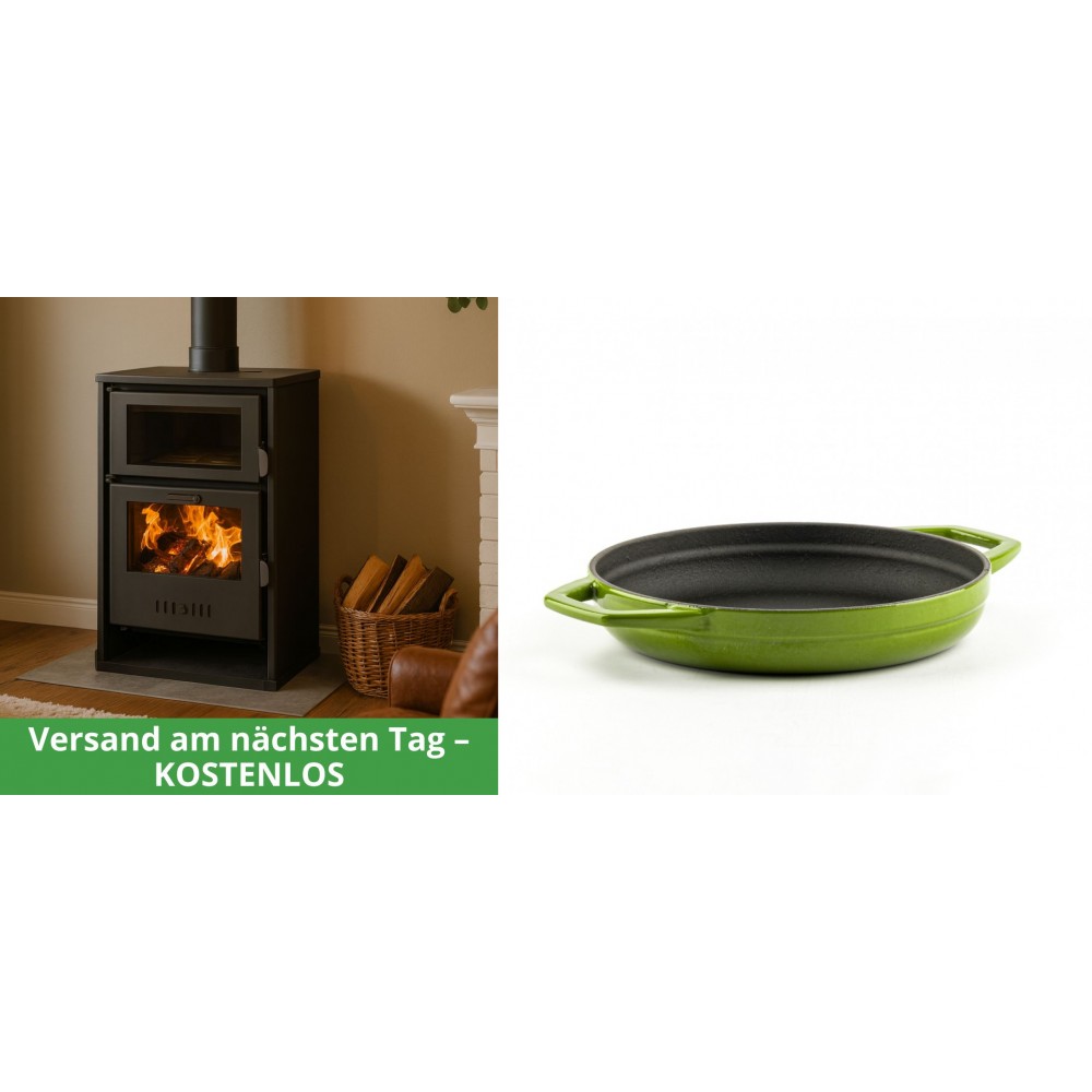 Set Kaminofen, Holzofen Wasserführend mit Backfach Balkan Energy, Modell Suzana, 11.6kW - 17.5kW + Emaillierte gusseisenpfanne mit zwei Griffen Solagio, Bamboo, Ф19cm | Wasserführender Kaminofen | Kaminofen |