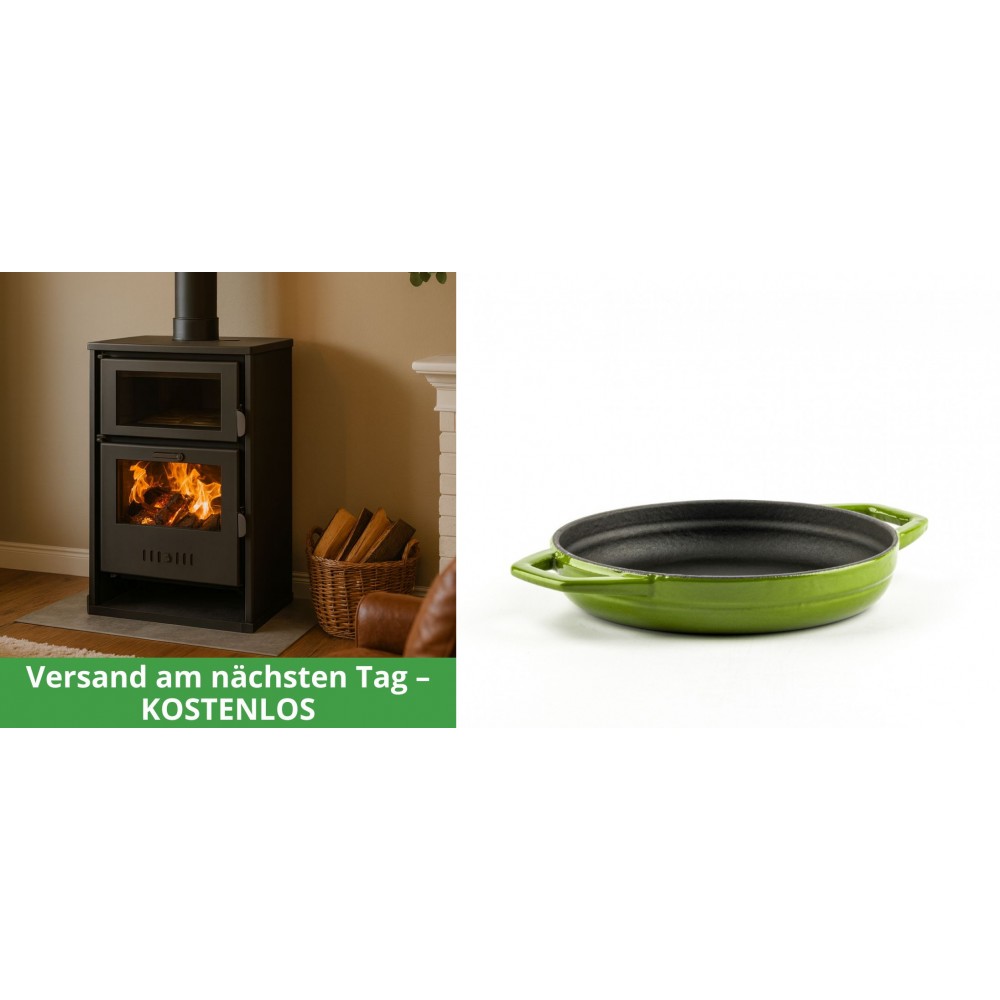 Set Kaminofen, Holzofen Wasserführend mit Backfach Balkan Energy, Modell Suzana, 11.6kW - 17.5kW + Emaillierte gusseisenpfanne mit zwei Griffen Solagio, Bamboo, Ф16cm | Wasserführender Kaminofen | Kaminofen |