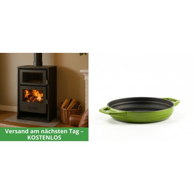 Set Kaminofen, Holzofen Wasserführend mit Backfach Balkan Energy, Modell Suzana, 11.6kW - 17.5kW + Emaillierte gusseisenpfanne mit zwei Griffen Solagio, Bamboo, Ф16cm - Balkan Energy