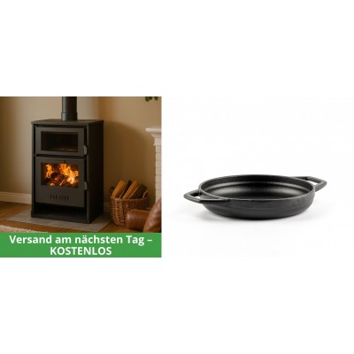 Set Kaminofen, Holzofen Wasserführend mit Backfach Balkan Energy, Modell Suzana, 11.6kW - 17.5kW + Emaillierte gusseisenpfanne mit zwei Griffen Solagio, Black Onyx, Ф16cm - Balkan Energy