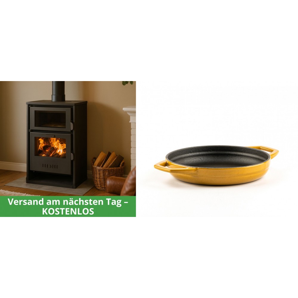 Set Kaminofen, Holzofen Wasserführend mit Backfach Balkan Energy, Modell Suzana, 11.6kW - 17.5kW + Emaillierte gusseisenpfanne mit zwei Griffen Solagio, Dijon, Ф16cm | Wasserführender Kaminofen | Kaminofen |