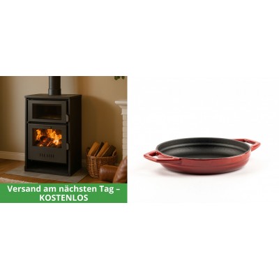 Set Kaminofen, Holzofen Wasserführend mit Backfach Balkan Energy, Modell Suzana, 11.6kW - 17.5kW + Emaillierte gusseisenpfanne mit zwei Griffen Solagio, Rubin, Ф16cm - Balkan Energy