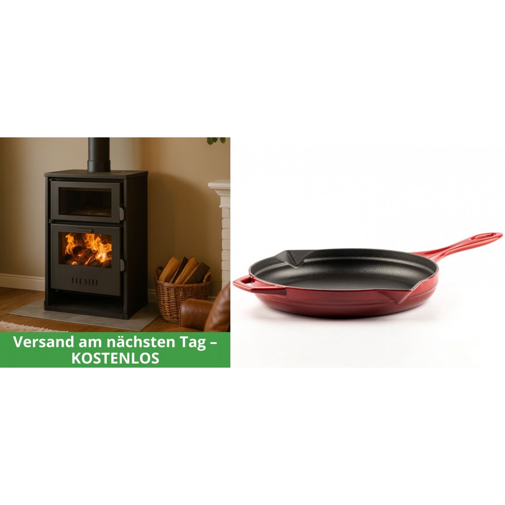 Set Kaminofen, Holzofen Wasserführend mit Backfach Balkan Energy, Modell Suzana, 11.6kW - 17.5kW + Emaillierte Gusseisenpfanne Solagio, Rubin, Ф28cm