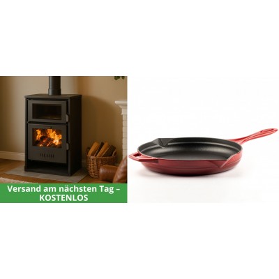 Set Kaminofen, Holzofen Wasserführend mit Backfach Balkan Energy, Modell Suzana, 11.6kW - 17.5kW + Emaillierte Gusseisenpfanne Solagio, Rubin, Ф28cm - Balkan Energy