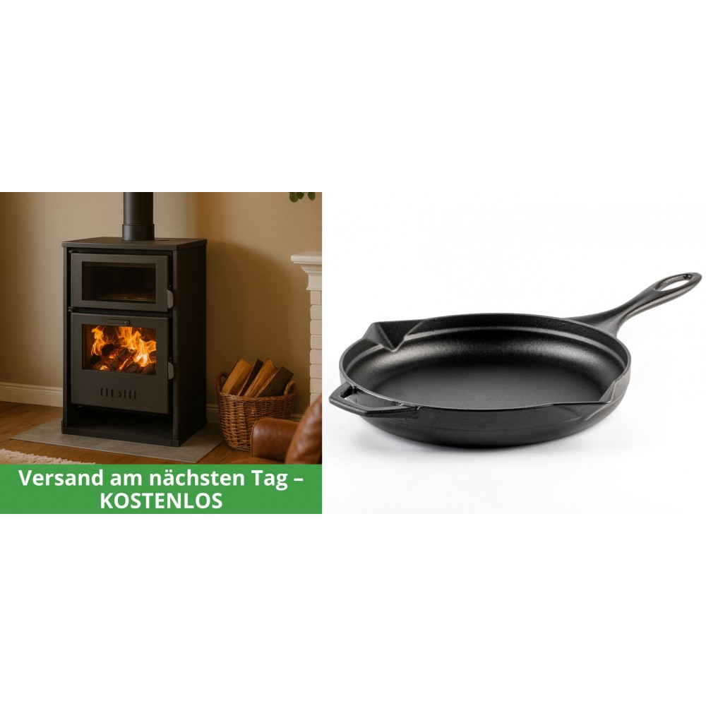 Set Kaminofen, Holzofen Wasserführend mit Backfach Balkan Energy, Modell Suzana, 11.6kW - 17.5kW + Emaillierte Gusseisenpfanne Solagio, Black Onyx, Ф28cm