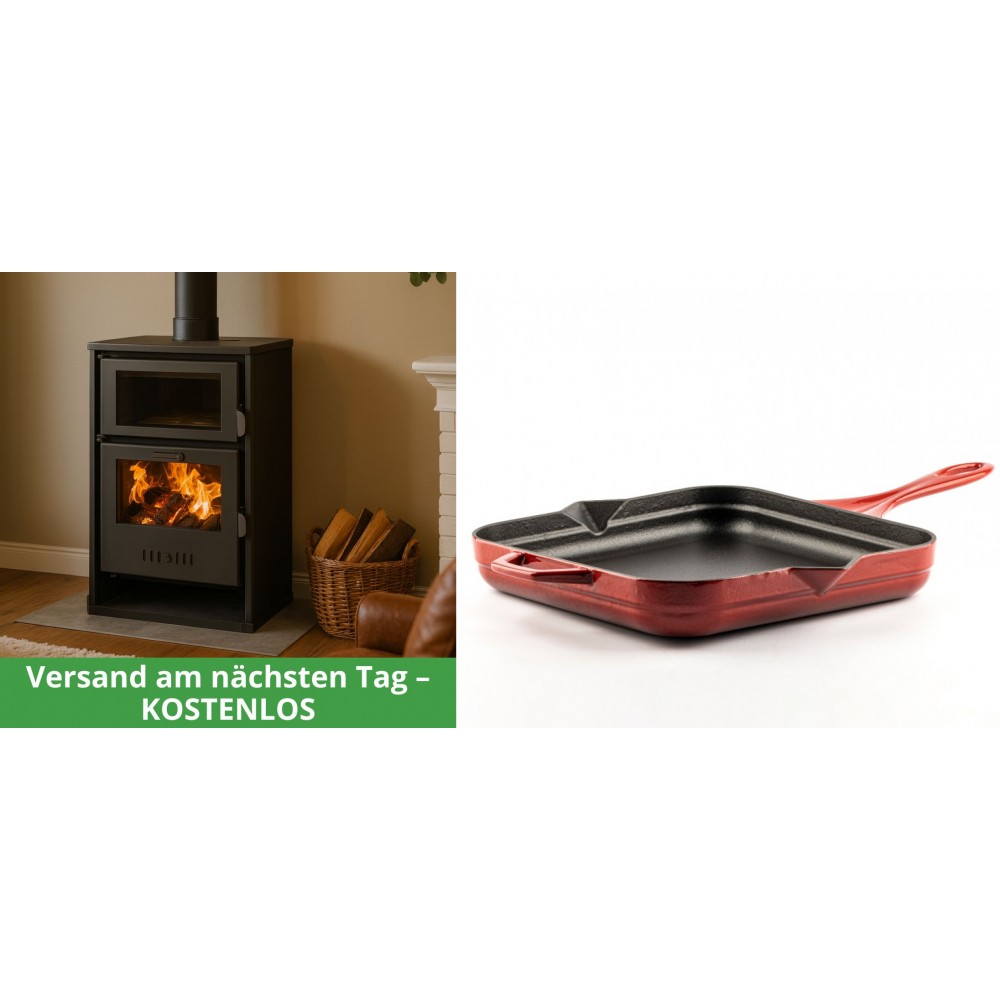 Set Kaminofen, Holzofen Wasserführend mit Backfach Balkan Energy, Modell Suzana, 11.6kW - 17.5kW + Emaillierte Gusseisenpfanne Solagio, Rubin, 28x28cm | Wasserführender Kaminofen | Kaminofen |