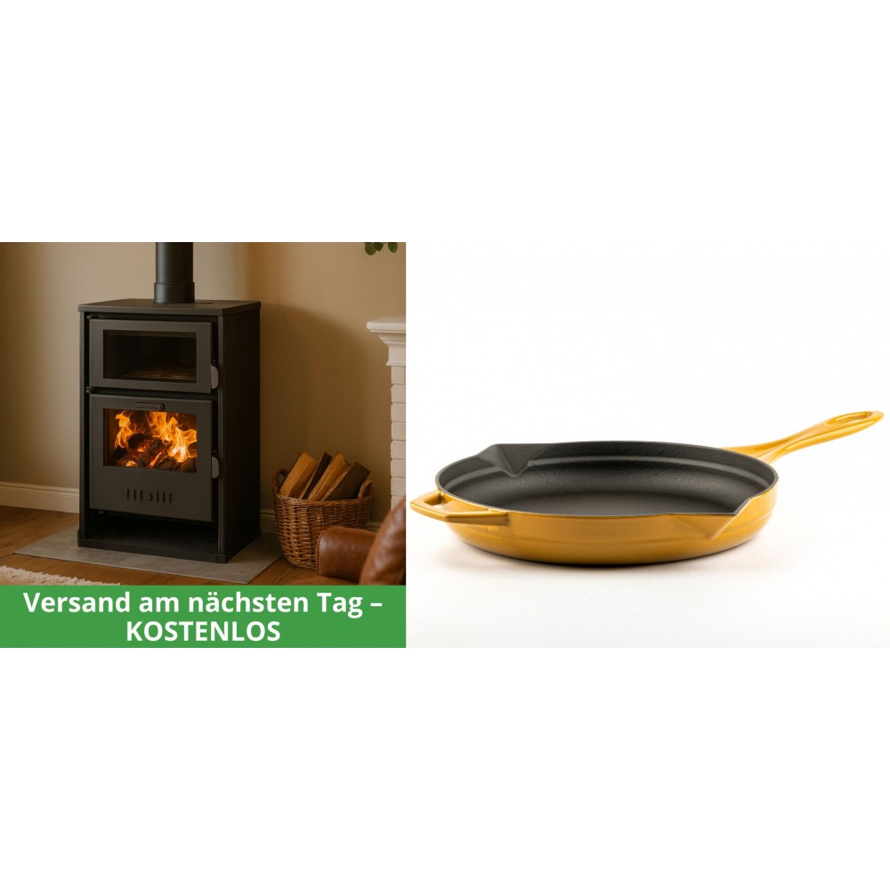Set Kaminofen, Holzofen Wasserführend mit Backfach Balkan Energy, Modell Suzana, 11.6kW - 17.5kW + Emaillierte Gusseisenpfanne Solagio, Dijon, Ф28cm