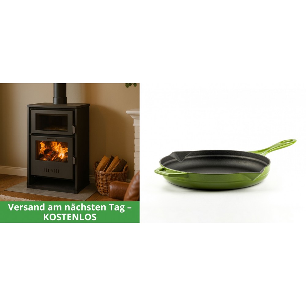 Set Kaminofen, Holzofen Wasserführend mit Backfach Balkan Energy, Modell Suzana, 11.6kW - 17.5kW + Emaillierte Gusseisenpfanne Solagio, Bamboo, Ф24cm | Wasserführender Kaminofen | Kaminofen |