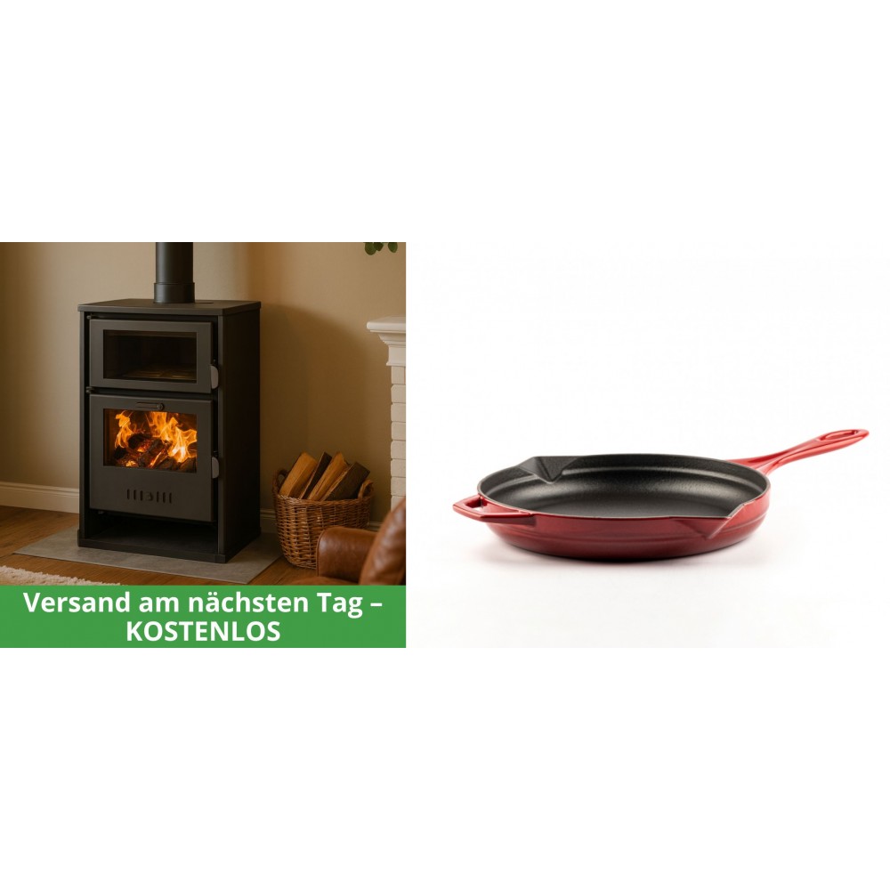 Set Kaminofen, Holzofen Wasserführend mit Backfach Balkan Energy, Modell Suzana, 11.6kW - 17.5kW + Emaillierte Gusseisenpfanne Solagio, Rubin, Ф24cm | Wasserführender Kaminofen | Kaminofen |