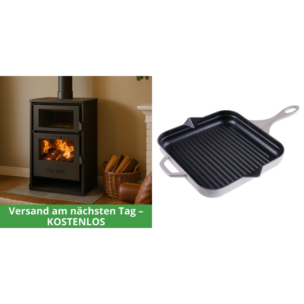 Set Kaminofen, Holzofen Wasserführend mit Backfach Balkan Energy, Modell Suzana, 11.6kW - 17.5kW + Emaillierte grillpfanne Gusseisen Solagio, Ivory, 28x28cm