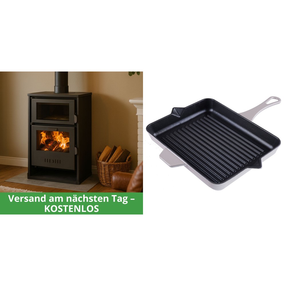 Set Kaminofen, Holzofen Wasserführend mit Backfach Balkan Energy, Modell Suzana, 11.6kW - 17.5kW + Emaillierte grillpfanne Gusseisen Solagio, Ivory, 26x32cm | Wasserführender Kaminofen | Kaminofen |