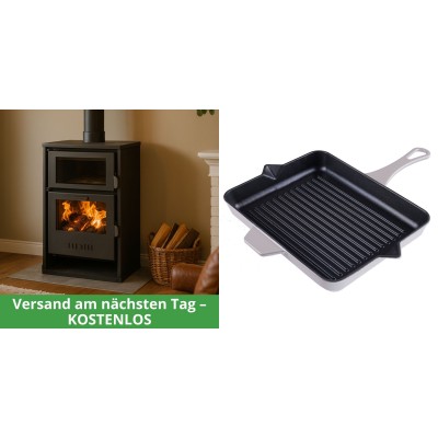 Set Kaminofen, Holzofen Wasserführend mit Backfach Balkan Energy, Modell Suzana, 11.6kW - 17.5kW + Emaillierte grillpfanne Gusseisen Solagio, Ivory, 26x32cm - Balkan Energy