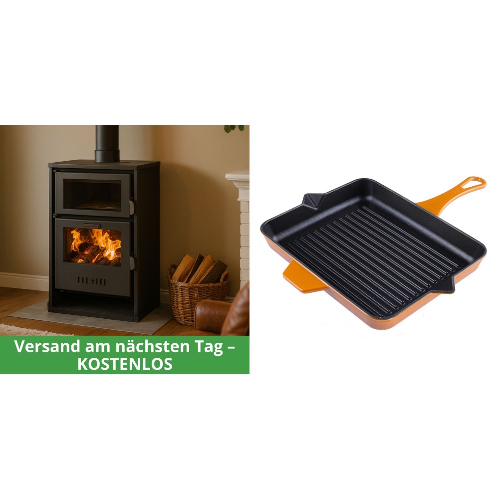 Set Kaminofen, Holzofen Wasserführend mit Backfach Balkan Energy, Modell Suzana, 11.6kW - 17.5kW + Emaillierte grillpfanne Gusseisen Solagio, Dijon, 26x32cm | Wasserführender Kaminofen | Kaminofen |
