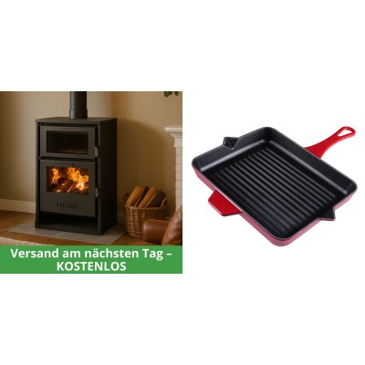 Set Kaminofen, Holzofen Wasserführend mit Backfach Balkan Energy, Modell Suzana, 11.6kW - 17.5kW + Emaillierte grillpfanne Gusseisen Solagio, Rubin, 26x32cm - Balkan Energy
