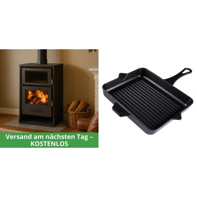 Set Kaminofen, Holzofen Wasserführend mit Backfach Balkan Energy, Modell Suzana, 11.6kW - 17.5kW + Emaillierte grillpfanne Gusseisen Solagio, Black Onyx, 26x32cm - Balkan Energy
