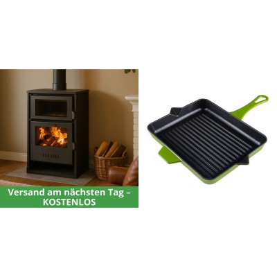 Set Kaminofen, Holzofen Wasserführend mit Backfach Balkan Energy, Modell Suzana, 11.6kW - 17.5kW + Emaillierte grillpfanne Gusseisen Solagio, Bamboo, 26x32cm - Balkan Energy
