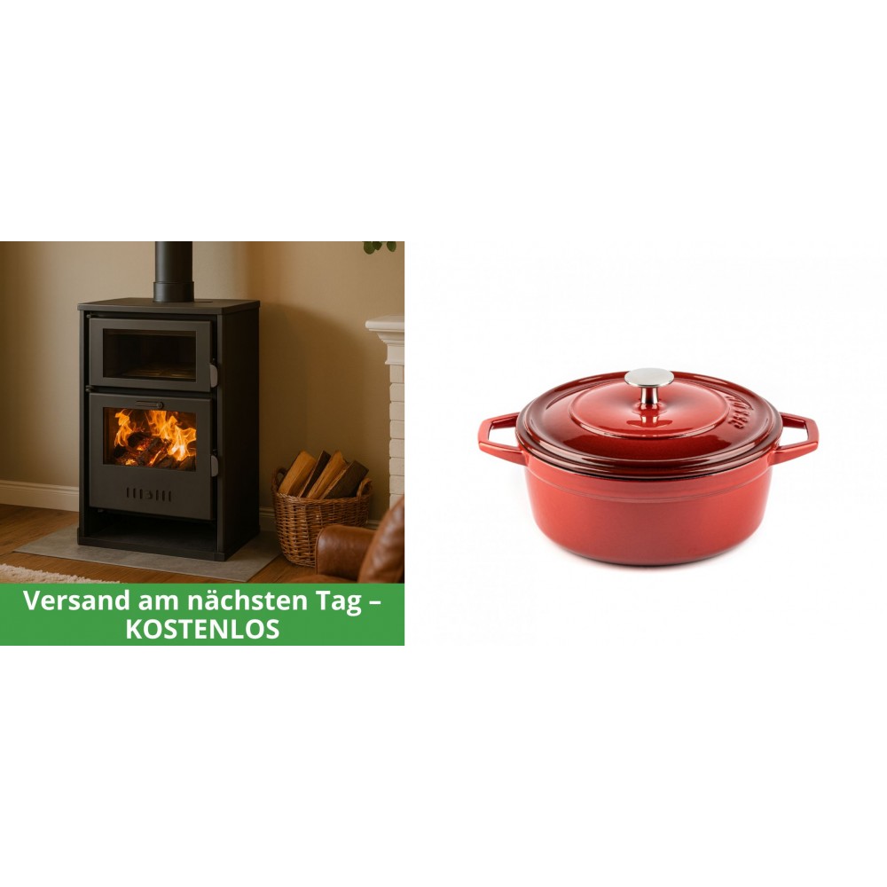 Set Kaminofen, Holzofen Wasserführend mit Backfach Balkan Energy, Modell Suzana, 11.6kW - 17.5kW + Gusseisen Topf Tiefer Solagio, Rubin, Ф20