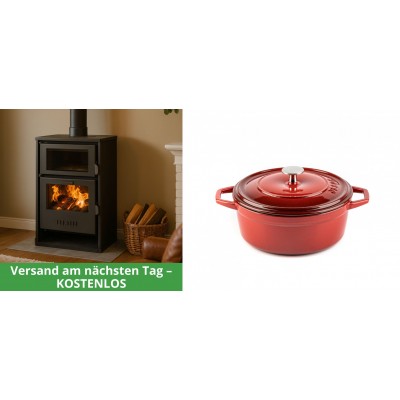 Set Kaminofen, Holzofen Wasserführend mit Backfach Balkan Energy, Modell Suzana, 11.6kW - 17.5kW + Gusseisen Topf Tiefer Solagio, Rubin, Ф20 - Balkan Energy