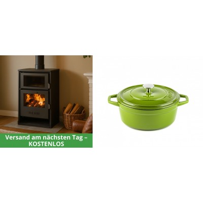 Set Kaminofen, Holzofen Wasserführend mit Backfach Balkan Energy, Modell Suzana, 11.6kW - 17.5kW + Gusseisen Topf Tiefer Solagio, Bamboo, Ф20 - Balkan Energy