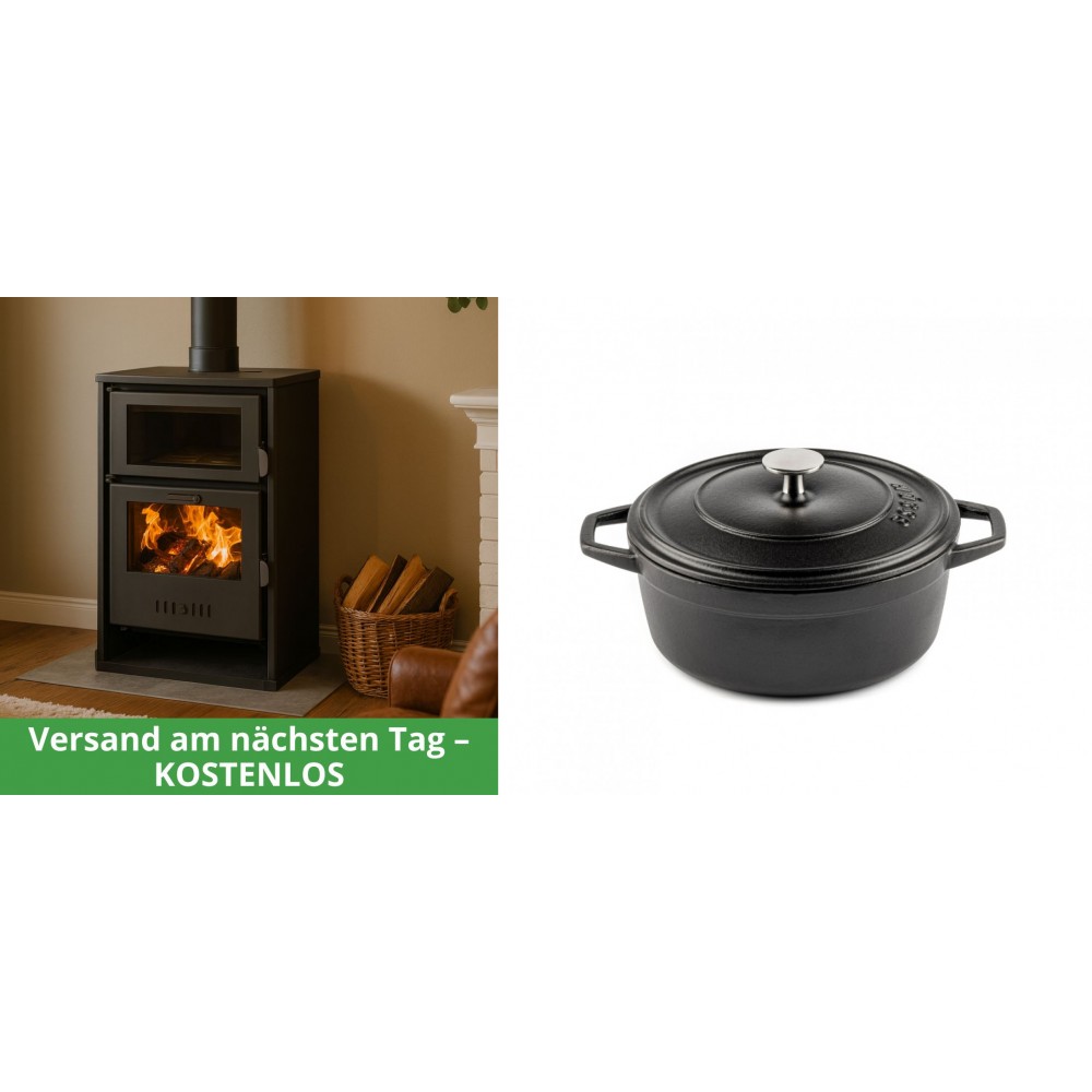 Set Kaminofen, Holzofen Wasserführend mit Backfach Balkan Energy, Modell Suzana, 11.6kW - 17.5kW + Gusseisen Topf Tiefer Solagio, Black Onyx, Ф20